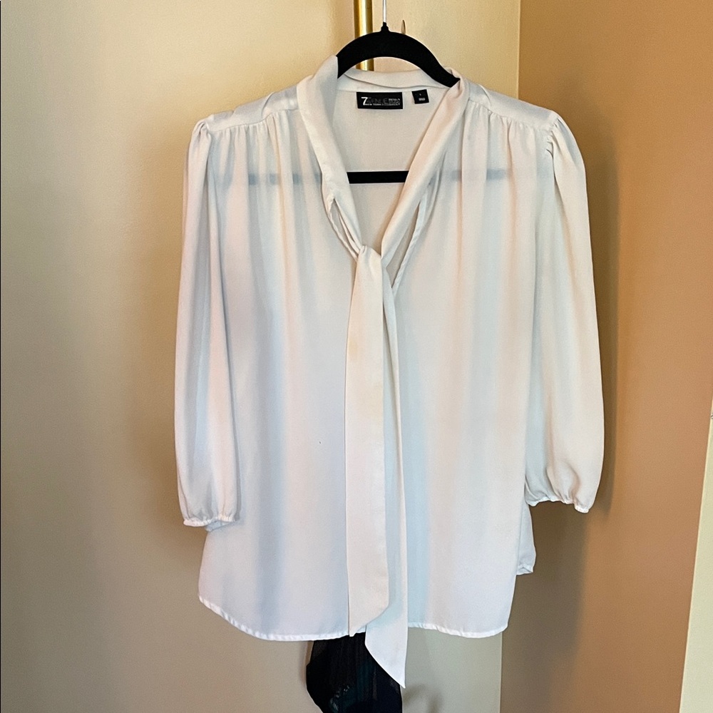 New York & Company White Tie-Neck Blouse